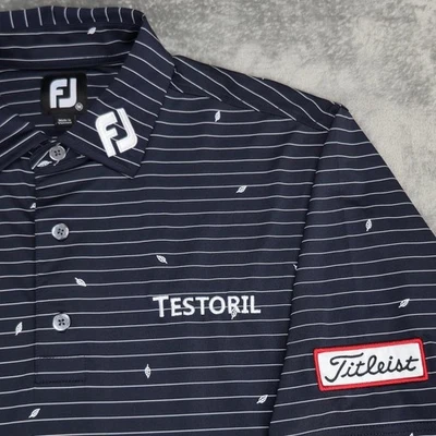 Tour Issue FootJoy Polo Shirt Mens Medium Blue Striped Golf Titleist Patch FJ - Image 1 of 4