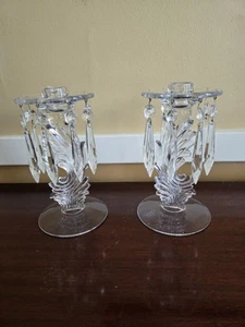Vintage Set Of 2 Fostoria Candle Lusters Baroque Pattern Crystal Prisms Clear - Picture 1 of 13