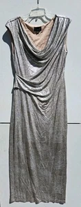Connected Apparel metallic silver drape neck dress Sz 12 formal gown sleeveless - Picture 1 of 5