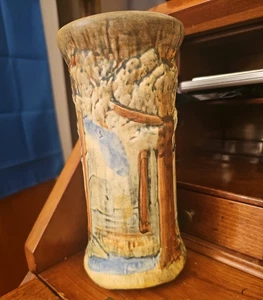 Vintage  WELLER Art Pottery 8" Flared Vase FOREST Path Design Rudolph Lorber - Picture 1 of 13