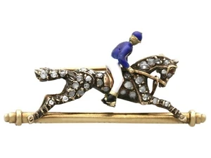 Antique Diamond Garnet and Enamel 15 k Yellow Gold Horse and Jockey Brooch - Picture 1 of 9