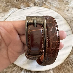 Vtg Ralph Lauren Sterling Silver Genuine Alligator Brown leather Belt Size 28 - Picture 1 of 17