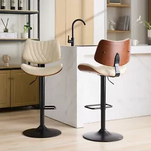 2Set Barstools Swivel PU Leather Pub Chairs 25-33.4"Height Walnut Bentwood Beige - Picture 1 of 12