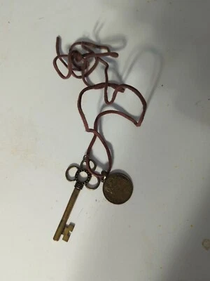 Lock And Key Chain Leather Gold Toned Necklace  - Image 1 of 4