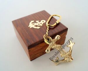 Vintage Brass Anchor Key Chain Golden Finish Nautical Gift With Wooden Box Style