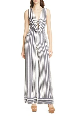 ALICE + OLIVIA Laurice Navy Blue White Stripe Knot Front Wide Leg Jumpsuit 10 M - Image 1 of 4