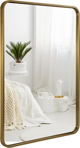 Brushed Gold Mirrors for Bathroom, 24X36’’ Rounded Rectangle Mirror, Modern Bras - Picture 1 of 12