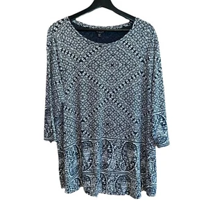 Blusa túnica boho manga 3/4 negra crema con estampado de cachemira Lucky Brand para mujer - Imagen 1 de 11
