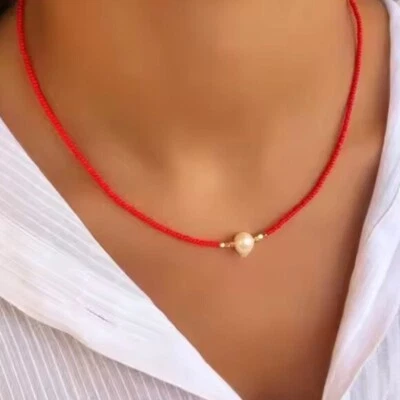 Beaded Pearl Choker Choose Red White Black Turquoise Waterproof Gold Chain - Image 1 of 4