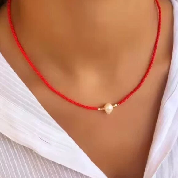 Gargantilla Perla Cuentas Elige Rojo Blanco Negro Turquesa Impermeable Cadena Dorada Foto 1 de 4