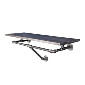 PIPE DECOR Wall Shelf W/ Hanging Rod 24" 1 Tier Shelves 3-Brackets Boulder Black - Picture 1 of 3