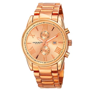 New Men's Akribos XXIV AK812RG Swiss Dual Time Rose-tone Stainless Steel Watch - Picture 1 of 7