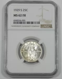 Cuarto de dólar Standing Liberty 1929-S certificado NGC MS 62 cabeza completa plata 25c - Imagen 1 de 5