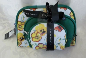 Tahari 3 Pc Dome Cosmetic Bags + Travel Bottle NWT Pansy Butterfly Zippers PVC - Picture 1 of 12
