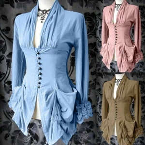 Damen Steampunk Victorian Gothic Rüschen Langarm Oberteil Bluse Vintage Shirt - Bild 1 von 14