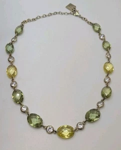 Anne Klein Vintage Silver Tone Green Yellow Beads And Clear Bezels Necklace 18" - Picture 1 of 9