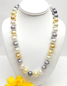 SILVER TONE, HAND KNOTTED LARGE 14mm PASTEL GLASS PEARL BEAD NECKLACE 22" - Picture 1 of 2