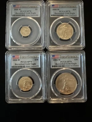 2008-W 4 COIN BURNISHED GOLD EAGLE PCGS SP70 MS70 FIRST STRIKE $5 $10 $25 $50 - Image 1 of 2