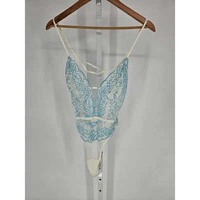 Secret Treasures Womens Sz M Blue and White Lace Bodysuit Sexy Sheer - Image 1 of 4