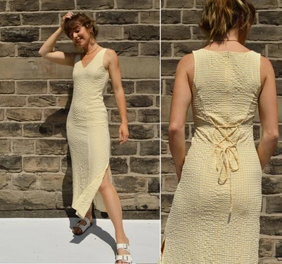 French Gingham V Neck Dress - Vintage Style - Buttercup Yellow Seersucker Check - Image 1 of 4