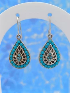 Striking Beautiful Bohemian Silver Tone & Turquoise Gem Teardrop Earrings - Picture 1 of 7