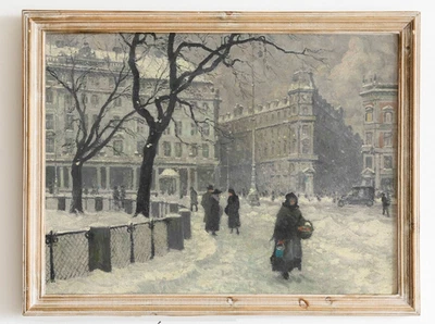 Vintage Winter Wall Art Antique Snowy Cityscape Christmas Holiday Print - Image 1 of 4