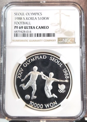 1988 SOUTH KOREA SILVER 10000 WON FOOTBALL NGC PF 69 ULTRA CAMEO HIGH GRADE - Image 1 of 3