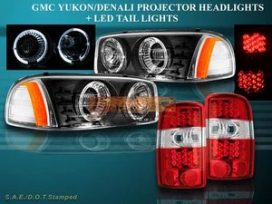 2000-2006 YUKON/YUKON DENALI XL HALO PROJECTOR HEADLIGHTS BLK/RED LED TAIL LIGHT - Picture 1 of 2