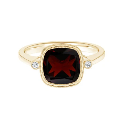 Beaded Set Ring 5MM Cushion Garnet 14k Yellow Gold Three Stone Women Ring - Image 1 of 4