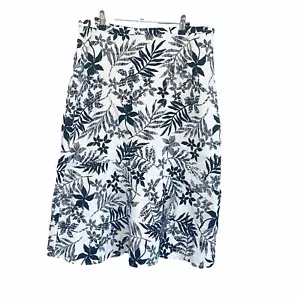 JM Collection 100% Linen Midi Skirt SZ 14 A-Line Black White Tropical Palms - Picture 1 of 6