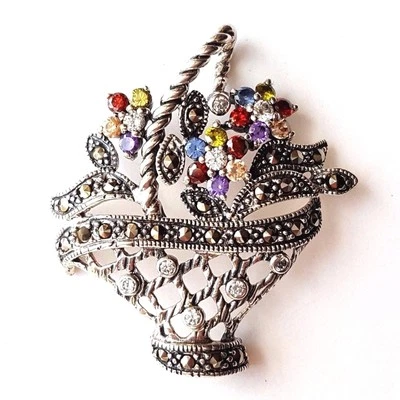 Lovely FLOWER BOUQUET PENDANT Multi Stones & Marcasite .925 STERLING SILVER - Image 1 of 2