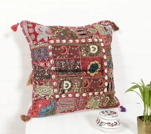 Indian Maroon Red Cushion Pillow Cover Handmade Beaded Patchwork Floor Throw 20" - Picture 1 of 3