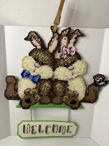 Brown/Cream Bunny Butterfly Wall Hanging Plastic Canvas Welcome Sign - Picture 1 of 5
