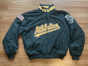 VTG 00s MLB OAKLAND ATHLETICS A's MAJESTIC DUGOUT JACKET USA FLAG PATCH SIZE XL - Picture 1 of 11