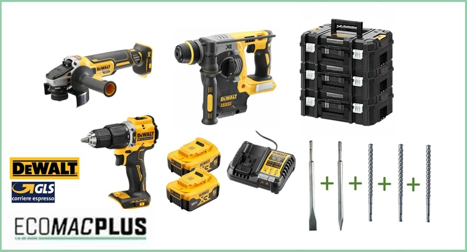 Kit Dewalt 18V Tassellatore + smerigliatrice + avvitatore +scalpelli e punte - Immagine 1 di 1