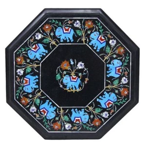 18" black Marble side table semi precious stones turquoise inlay work home decor - Picture 1 of 2