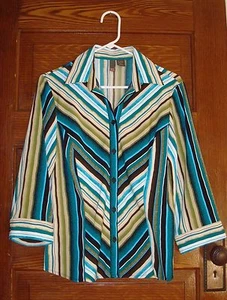 Women’s Stripe Three Quarter Sleeve Shirt Blue Green Sz M - Picture 1 of 2