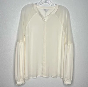 NWT Express Cream Flowy Sheer Shoulder Puffy Sleeve Button Up Blouse Size M - Picture 1 of 4