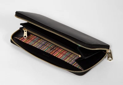 Cartera Paul Smith Hombres Línea Principal Cuero Negro Firma Rayas Cremallera Alrededor MK25050 Foto 1 de 4