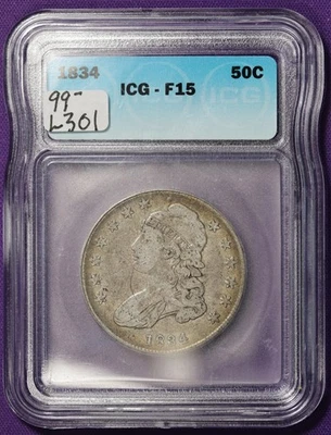 1834 Bust Half Dollar.  In ICG Holder.  F15.  L301 - Image 1 of 2