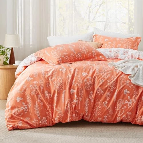 Bedsure King Comforter Set - Coral Orange Comforter Cute Floral Bedding