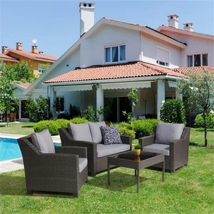 Aoife 4 PC Gray Resin Wicker  Conversation Set with 4" Gray Cushion - Picture 1 of 13