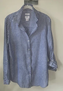 EUC! Sigrid Olsen~M~Blue Stripe LS Shirt 100% Linen Button Up Blouse Roll Tab - Picture 1 of 6