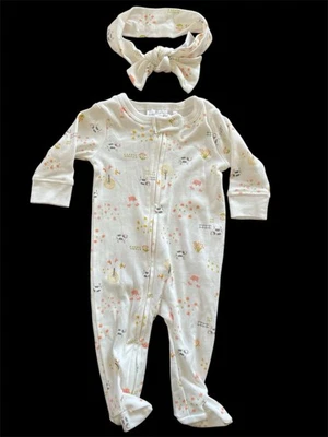 Tres Beau et Belle Usado en Excelente Condición Marfil/Rosa Tema de Granja Pima Tejido Footie y Diadema-0-3Mos Foto 1 de 4