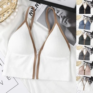 Womens Seamless Cotton Zipper Camisole Padded Cups V Neck U Back Wirefree Vest - Afbeelding 1 van 33