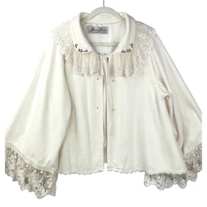 Hopeless Romantic Bed Jacket Cream Velour Satin Bell Sleeves Lace Collar Flowers - Picture 1 of 12