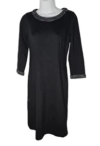 Talbots Women's Dress Size 2P Petite Black 3/4 Sleeve Shift Tweed Trim Career - Picture 1 of 14