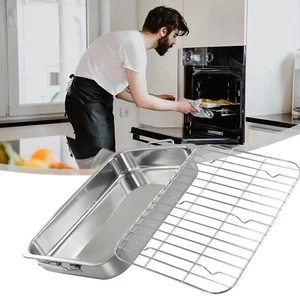 Stainless Steel Deep Roasting Tray Oven Pan Grill Rack Baking Roaster Tin Tray - Picture 1 of 72