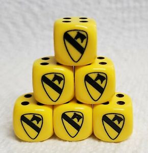 Dice 16mm 1st Cavalry Patch *6* OP Yellow w/Black 1st Cav Patch & Black Pips