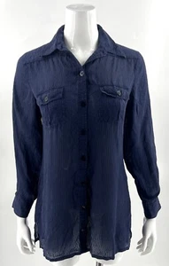 Chicos Top Size Small / 0 Navy Blue Sheer Striped Silk Button Up Shirt Womens - Picture 1 of 6